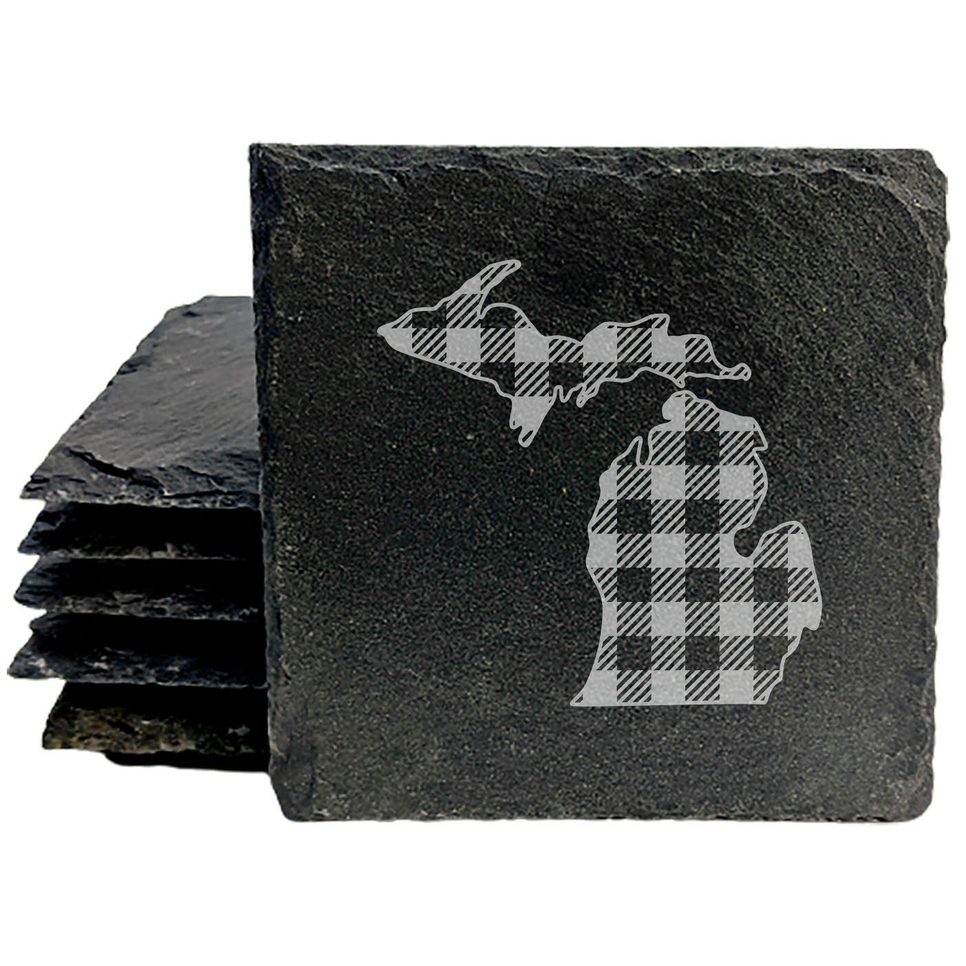 Rustic Slate Coasters Set of 4, Round 4" with Michigan Plaid Design, Laser Etched, Perfect for Holidays, Birthdays, Housewarming Gifts, She-Shed or Man Cave, Made in Oregon, USA, Natural Edge