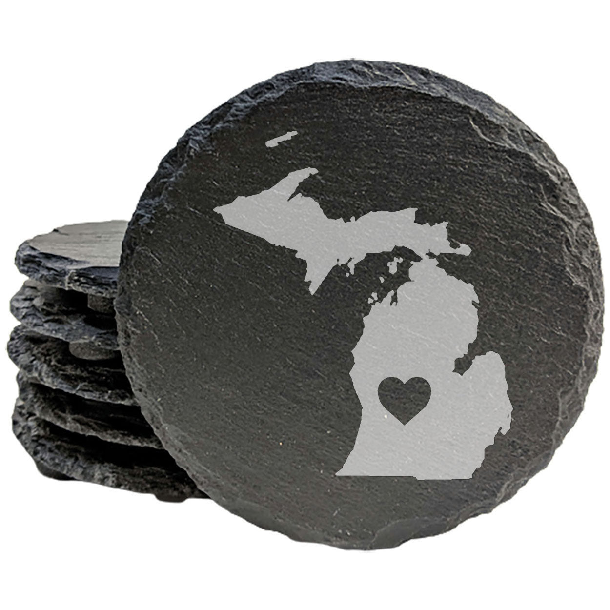 Rustic Slate Coasters Set of 4 - Michigan Design with Heart, 4" Round, Natural Chipped Edge, Rubber Feet, - Perfect for Holidays, Birthdays, Housewarming - Made in Oregon, USA