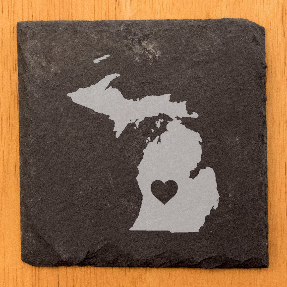 Rustic Slate Coasters Set of 4 - Michigan Design with Heart, 4" Round, Natural Chipped Edge, Rubber Feet, - Perfect for Holidays, Birthdays, Housewarming - Made in Oregon, USA