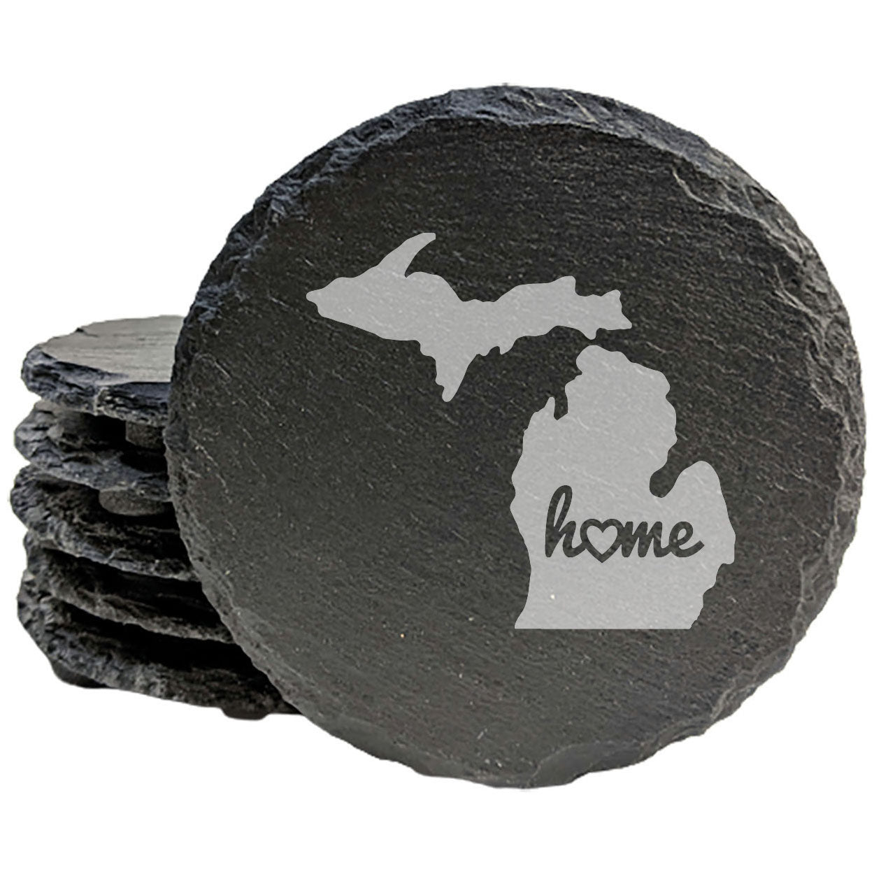 Rustic Slate Coasters Set of 4, Round 4" with Michigan 'Home' Heart Design, Perfect for Holidays, Birthdays, Housewarming Gifts, She-Shed or Man Cave, Made in Oregon, USA, Natural Chipped Edge