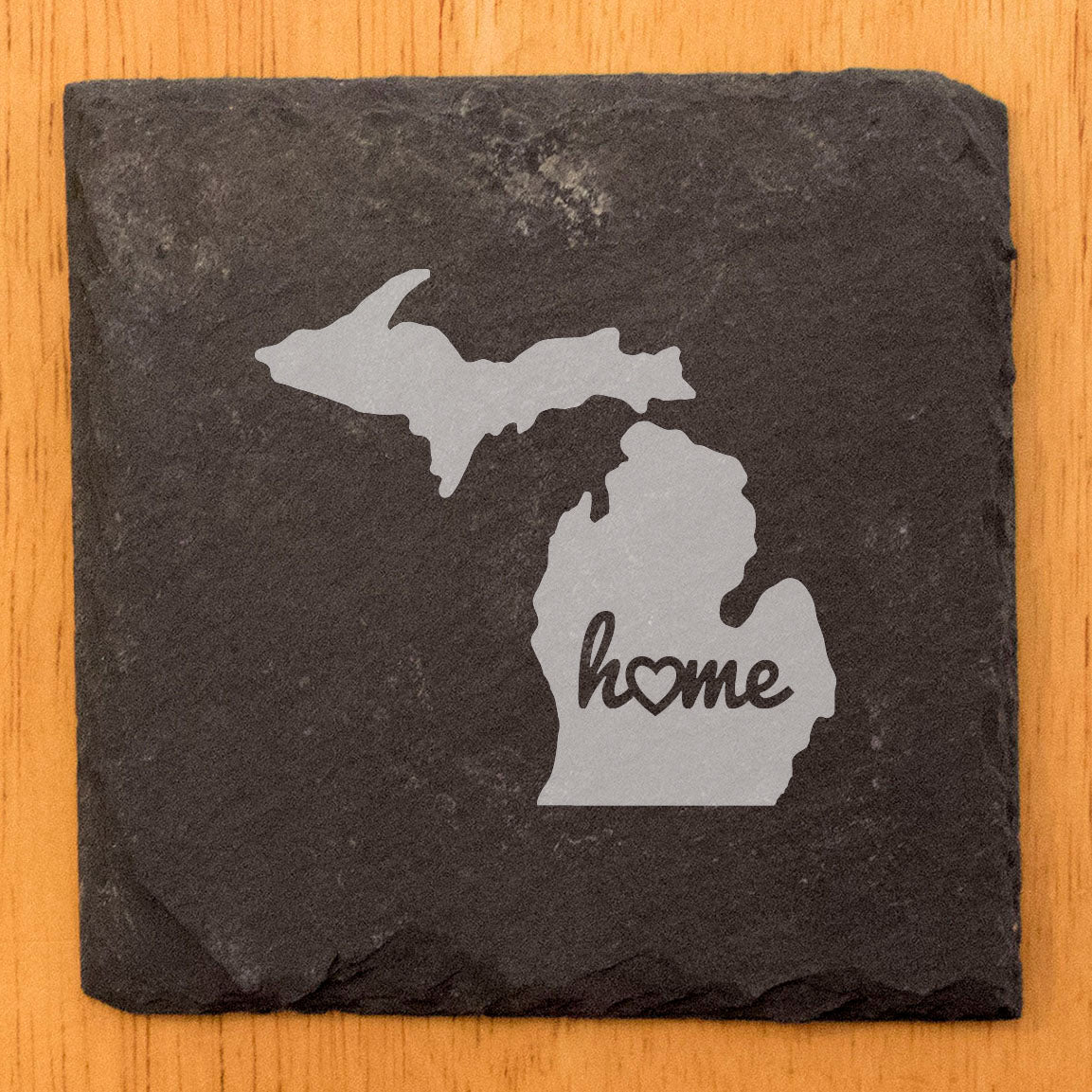 Rustic Slate Coasters Set of 4, Round 4" with Michigan 'Home' Heart Design, Perfect for Holidays, Birthdays, Housewarming Gifts, She-Shed or Man Cave, Made in Oregon, USA, Natural Chipped Edge
