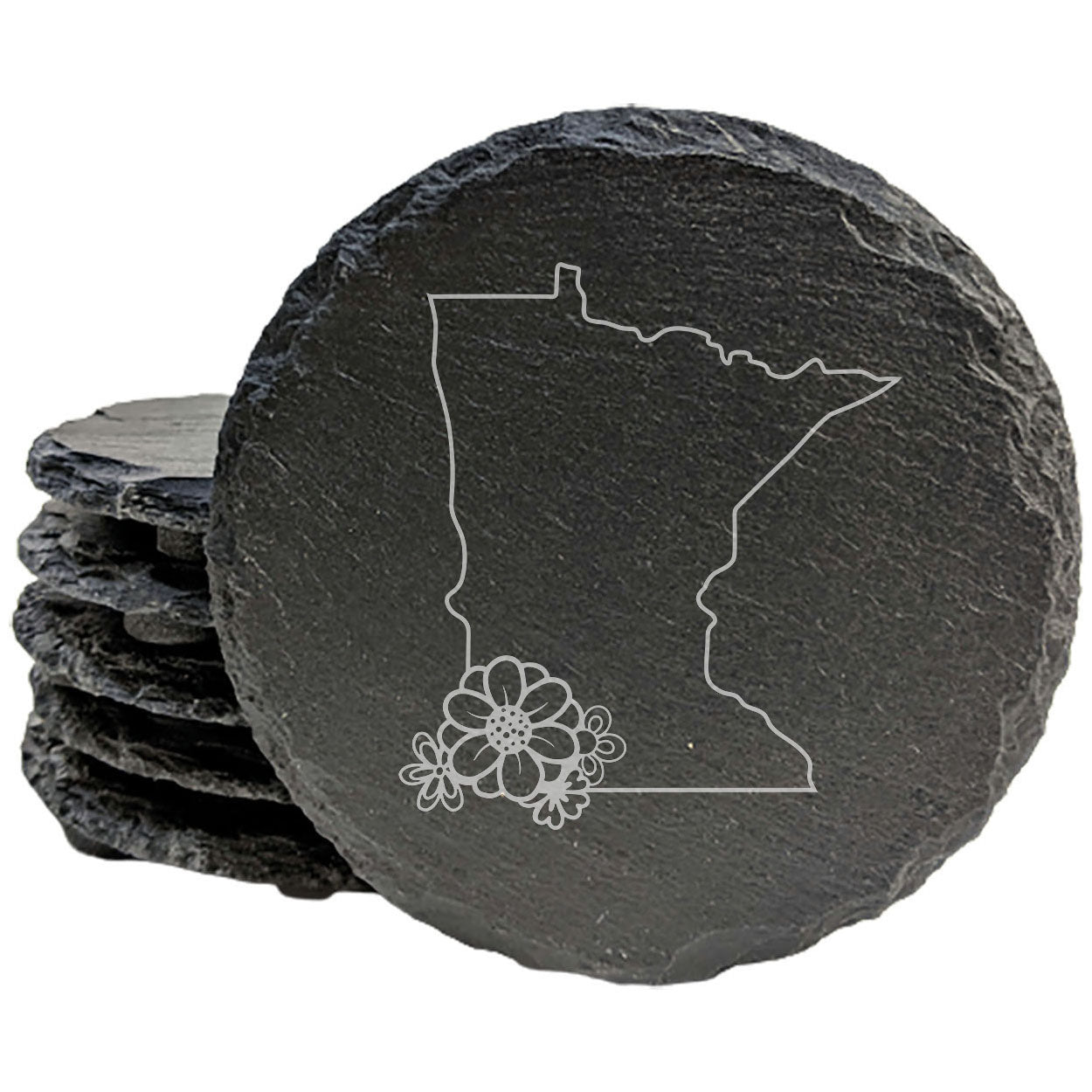 Rustic Slate Coasters Set of 4 - Minnesota State Outline Design with Flower - Perfect Gift for Holidays, Birthdays, Housewarming - 4" Round/Square - Made in Oregon, USA - Natural Chipped Edge