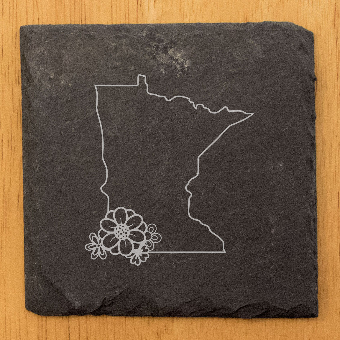 Rustic Slate Coasters Set of 4 - Minnesota State Outline Design with Flower - Perfect Gift for Holidays, Birthdays, Housewarming - 4" Round/Square - Made in Oregon, USA - Natural Chipped Edge