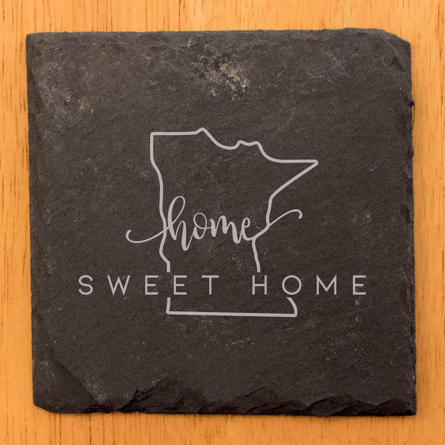 Rustic Slate Coasters Set of 4 - Round 4" with 'Home Sweet Home' Minnesota Design - Perfect Gift for Holidays, Birthdays, Housewarming - Made in Oregon, USA - Natural Chipped Edge, Rubber Feet