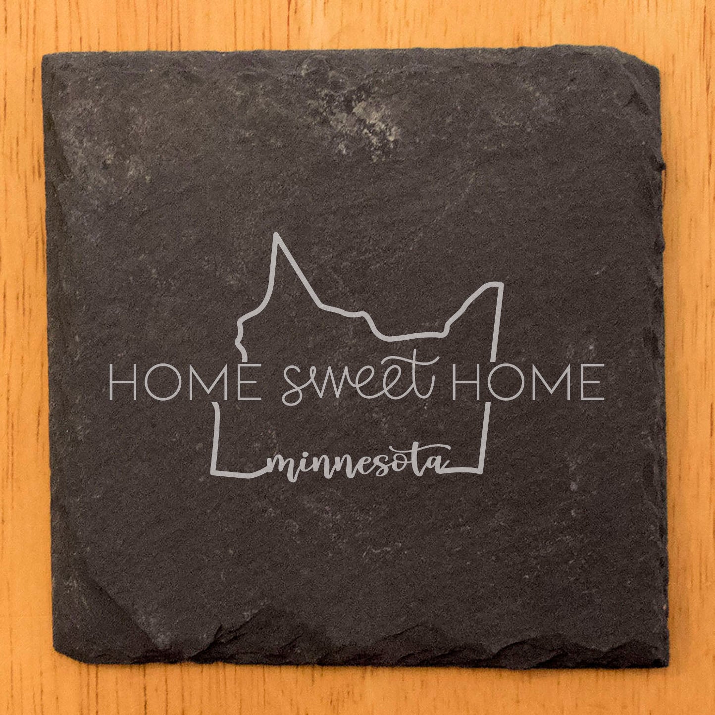 Rustic Slate Coasters Set of 4 - Round 4" with 'Home Sweet Home' Minnesota Design - Perfect Gift for Holidays, Birthdays, Housewarming - Made in Oregon, USA - Natural Chipped Edge, Rubber Feet