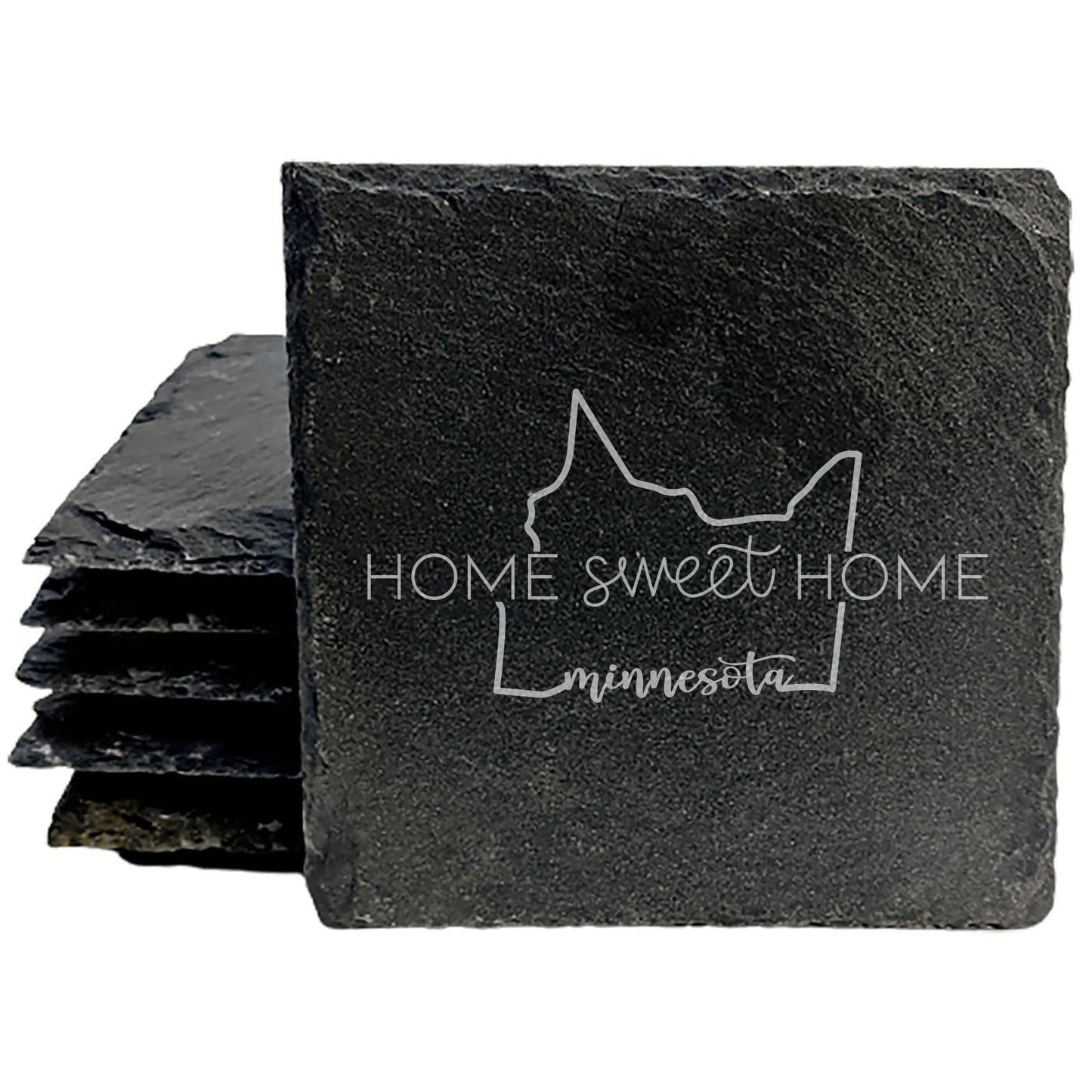 Rustic Slate Coasters Set of 4 - Round 4" with 'Home Sweet Home' Minnesota Design - Perfect Gift for Holidays, Birthdays, Housewarming - Made in Oregon, USA - Natural Chipped Edge, Rubber Feet