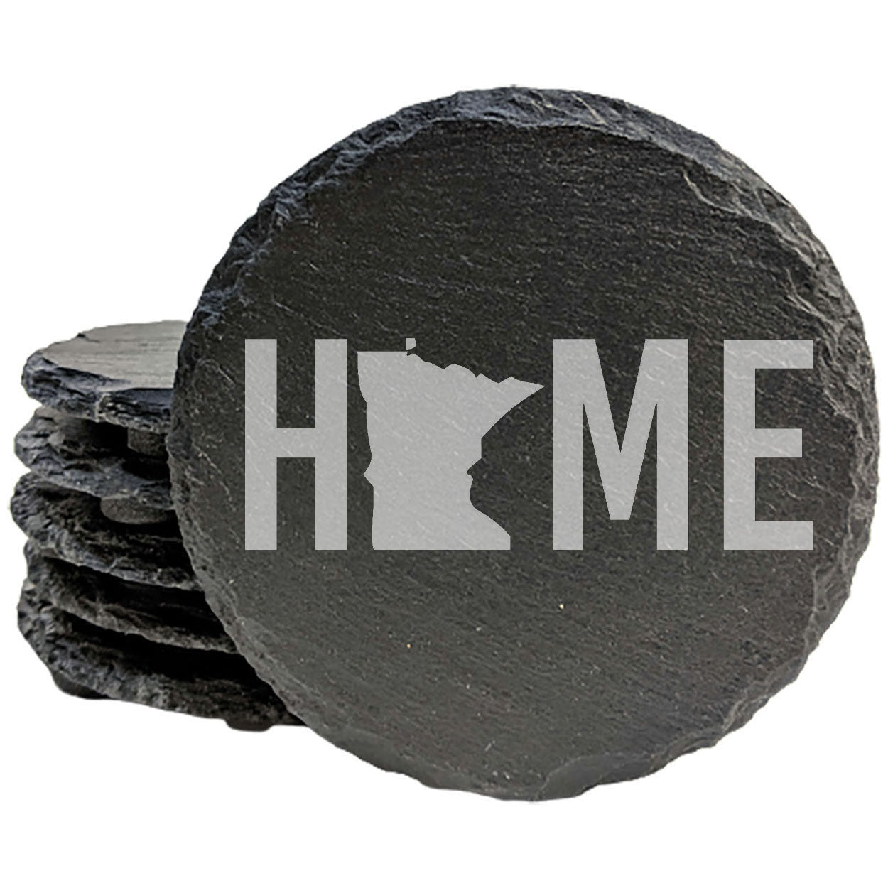 Rustic Slate Coasters Set of 4, Laser Etched 'HOME' Design with Minnesota State, 4" Round, Natural Chipped Edge, Rubber Feet, , Perfect for Holidays, Birthdays, Housewarming, USA Made