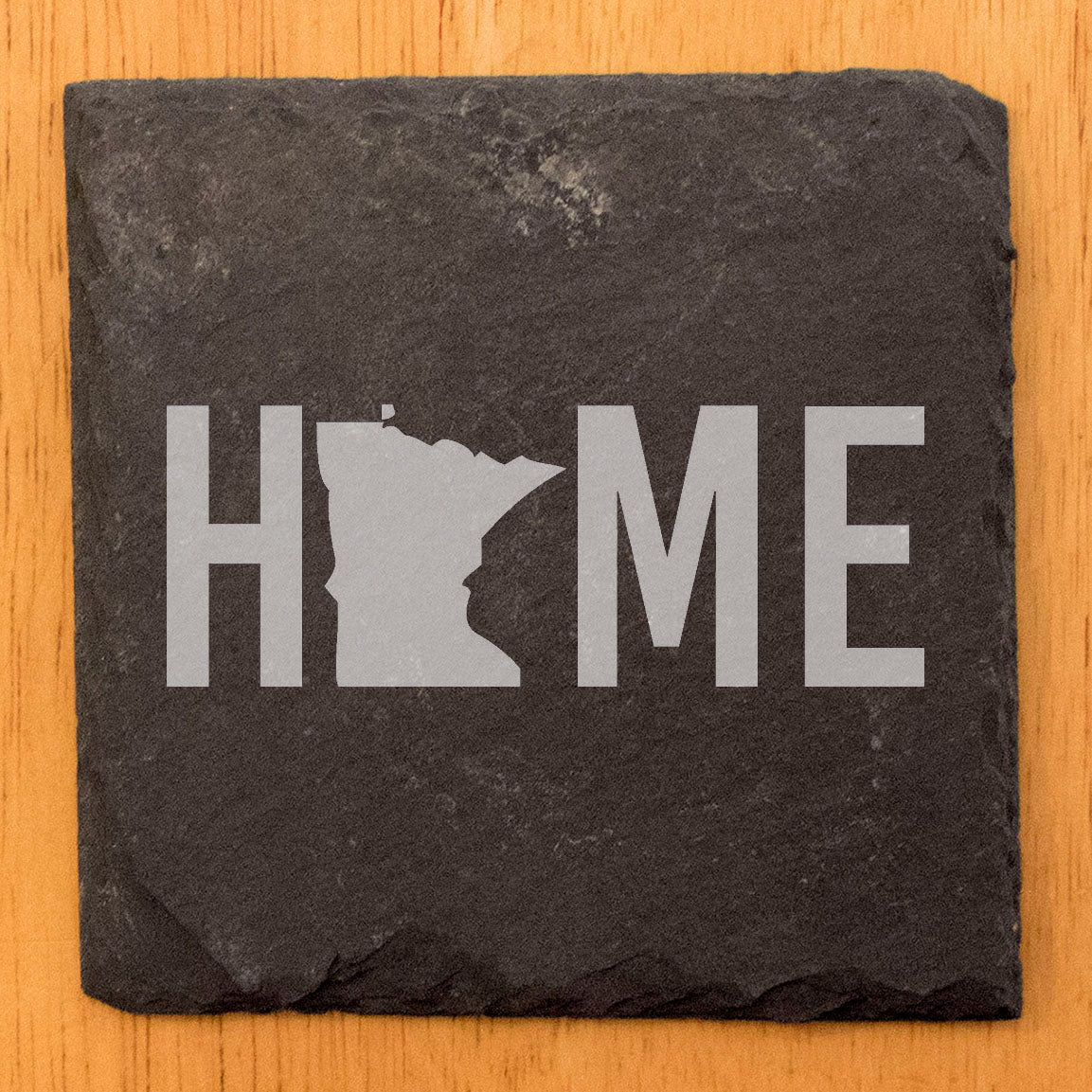 Rustic Slate Coasters Set of 4, Laser Etched 'HOME' Design with Minnesota State, 4" Round, Natural Chipped Edge, Rubber Feet, , Perfect for Holidays, Birthdays, Housewarming, USA Made