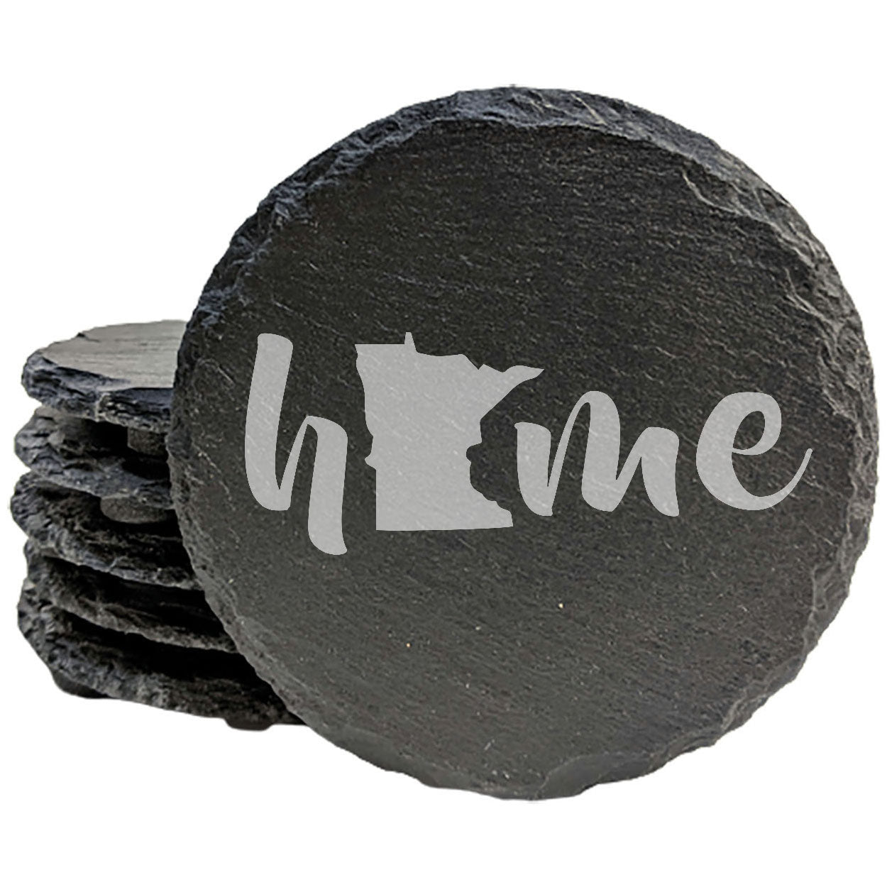 Rustic Slate Coasters Set of 4 - Laser Etched 'Home' Design with Minnesota State - Perfect Gift for Holidays, Birthdays, Housewarming - 4" Round/Square - Made in Oregon, USA - Natural Edge