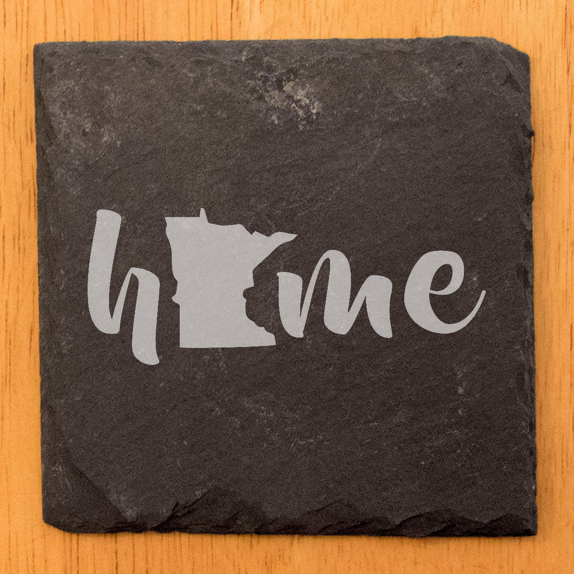 Rustic Slate Coasters Set of 4 - Laser Etched 'Home' Design with Minnesota State - Perfect Gift for Holidays, Birthdays, Housewarming - 4" Round/Square - Made in Oregon, USA - Natural Edge