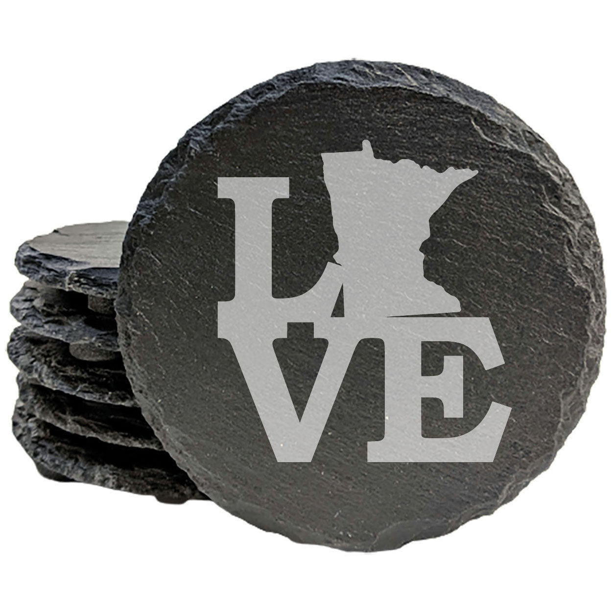 Rustic Slate Coasters Set of 4, Round 4" with 'LOVE' Minnesota Design, Perfect for Holidays, Birthdays, Housewarming Gifts, She-Shed or Man Cave, Made in Oregon, USA, Natural Chipped Edge