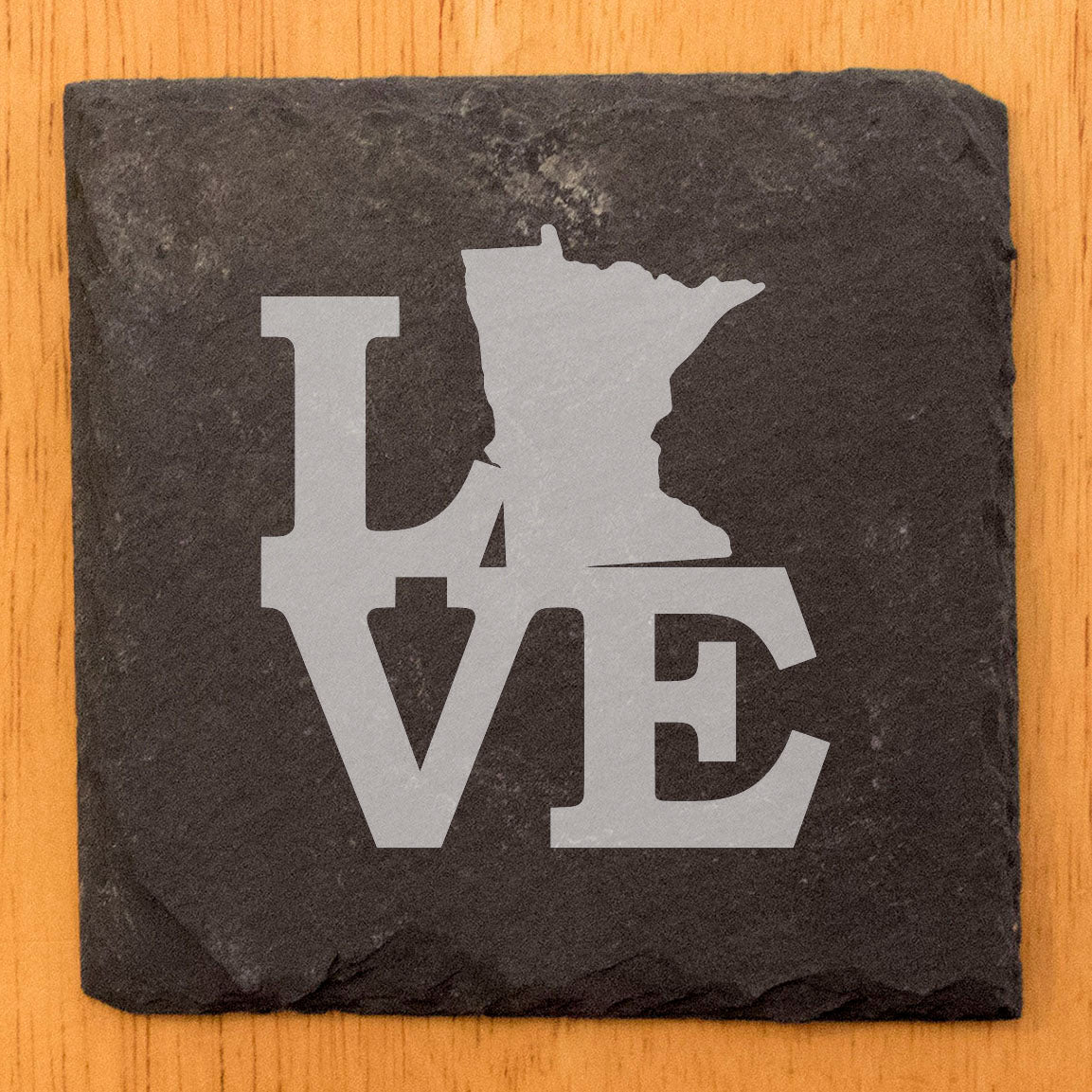 Rustic Slate Coasters Set of 4, Round 4" with 'LOVE' Minnesota Design, Perfect for Holidays, Birthdays, Housewarming Gifts, She-Shed or Man Cave, Made in Oregon, USA, Natural Chipped Edge