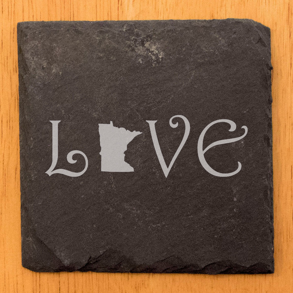 Rustic Slate Coasters Set of 4 - Laser Etched 'LOVE' Design with Minnesota State - Perfect Gift for Holidays, Birthdays, Housewarming - 4" Square, Natural Chipped Edge, Made in Oregon, USA