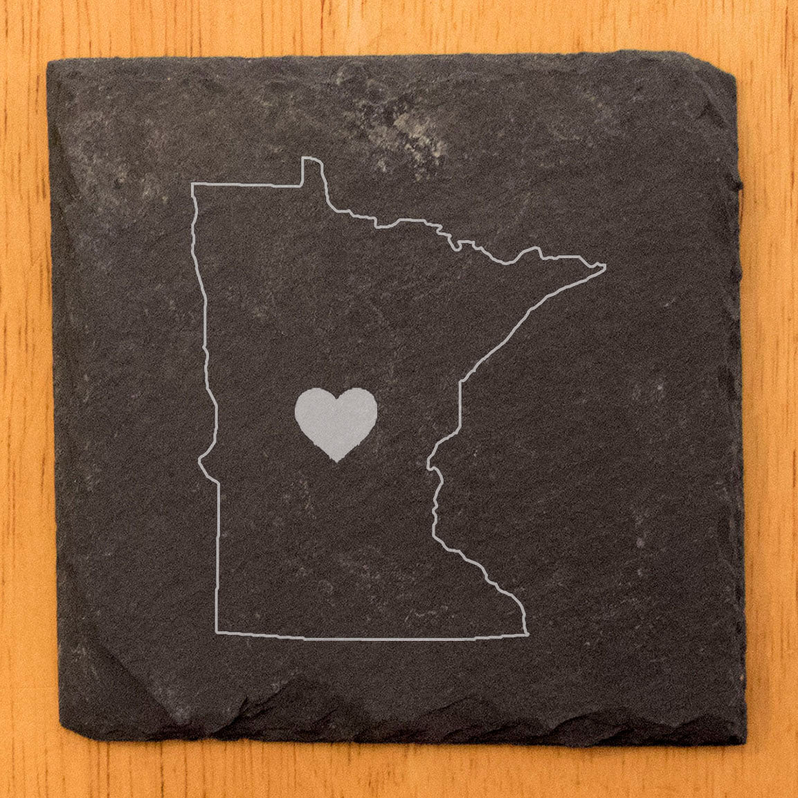 Rustic Slate Coasters Set of 4 - Round 4" with Minnesota Heart Design, Laser Etched, Natural Chipped Edge, Rubber Feet, - Perfect for Holidays, Birthdays, Housewarming - Made in USA