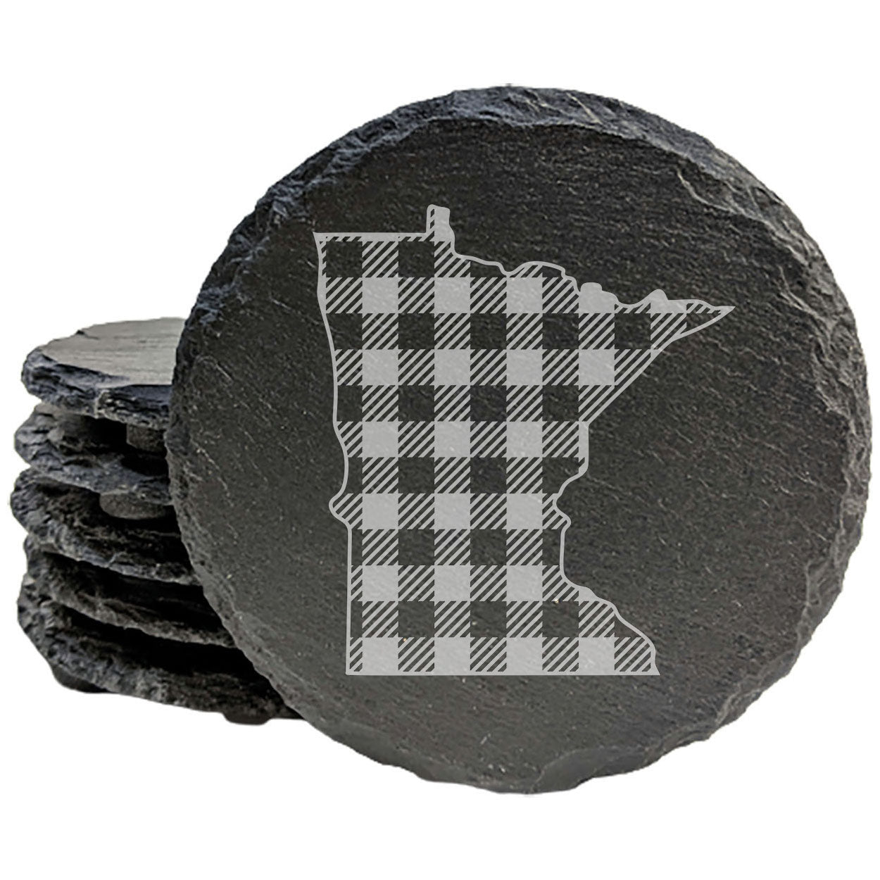 Rustic Slate Coasters Set of 4 - Minnesota Plaid Design, 4" Round, Natural Chipped Edge, Rubber Feet, - Perfect for Holidays, Birthdays, Housewarming - Made in Oregon, USA