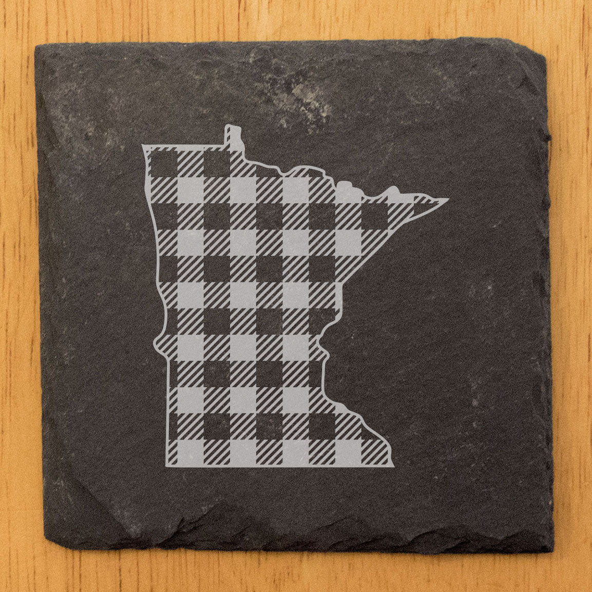 Rustic Slate Coasters Set of 4 - Minnesota Plaid Design, 4" Round, Natural Chipped Edge, Rubber Feet, - Perfect for Holidays, Birthdays, Housewarming - Made in Oregon, USA