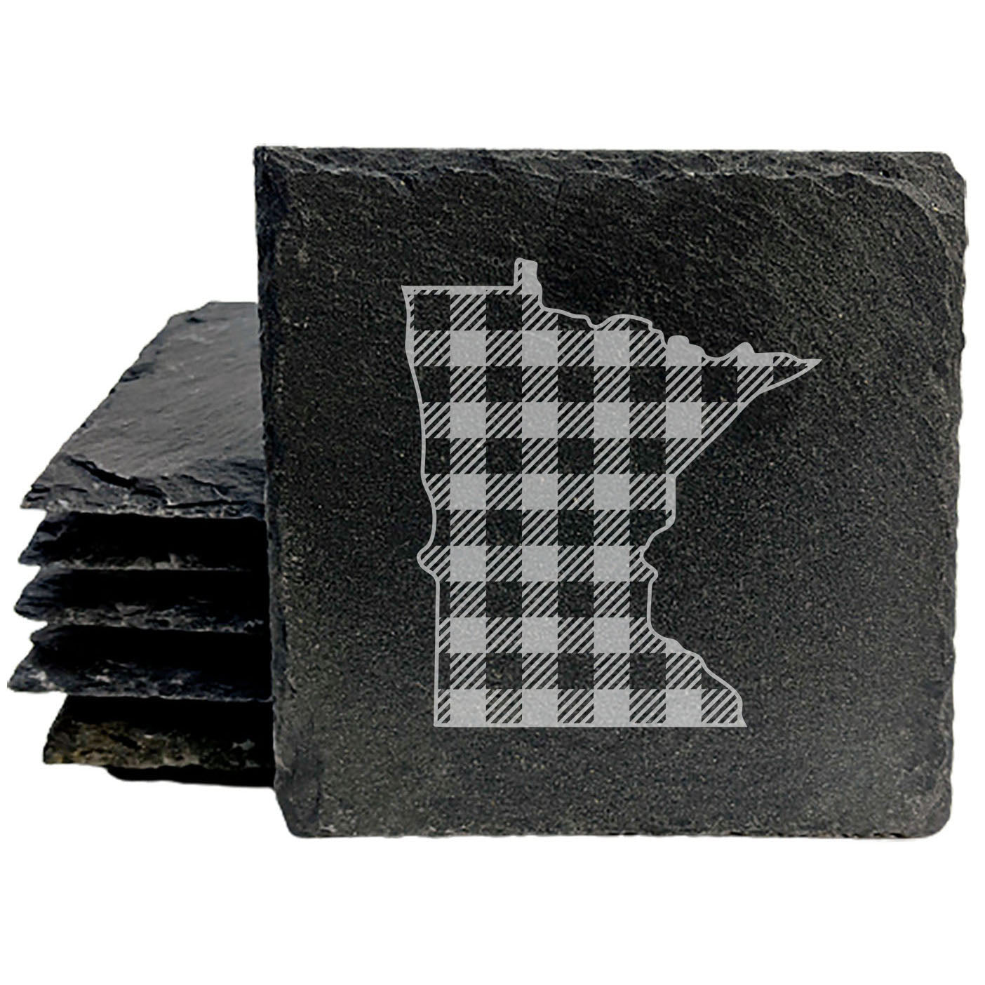 Rustic Slate Coasters Set of 4 - Minnesota Plaid Design, 4" Round, Natural Chipped Edge, Rubber Feet, - Perfect for Holidays, Birthdays, Housewarming - Made in Oregon, USA