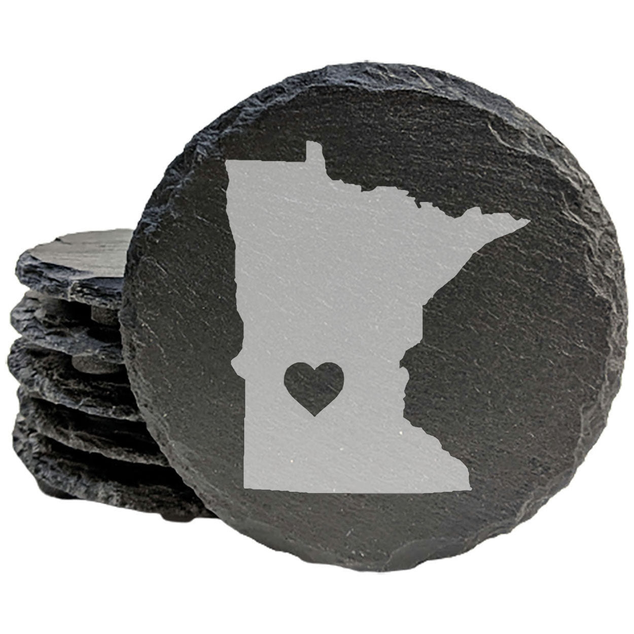 Rustic Slate Coasters Set of 4 - Minnesota Heart Design, 4" Round, Natural Chipped Edge, Rubber Feet, - Perfect for Holidays, Birthdays, Housewarming - Made in Oregon, USA