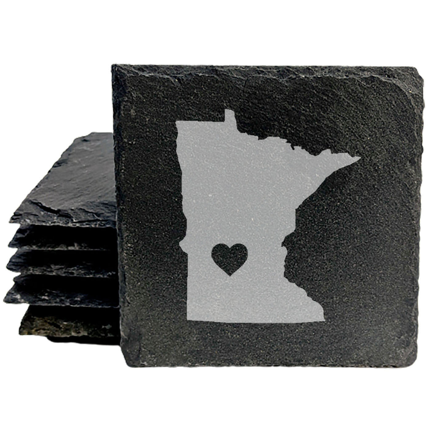 Rustic Slate Coasters Set of 4 - Minnesota Heart Design, 4" Round, Natural Chipped Edge, Rubber Feet, - Perfect for Holidays, Birthdays, Housewarming - Made in Oregon, USA