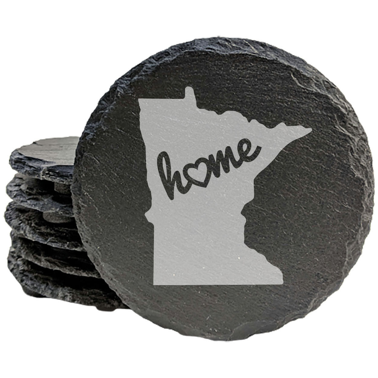 Rustic Slate Coasters Set of 4, Round 4" with Minnesota 'Home' Heart Design, Perfect for Holidays, Birthdays, Housewarming Gifts, She-Shed or Man Cave, Made in Oregon, USA, Natural Chipped Edge
