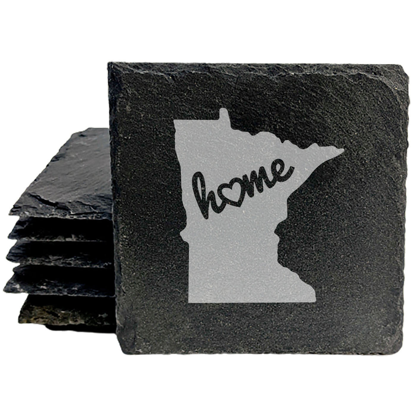 Rustic Slate Coasters Set of 4, Round 4" with Minnesota 'Home' Heart Design, Perfect for Holidays, Birthdays, Housewarming Gifts, She-Shed or Man Cave, Made in Oregon, USA, Natural Chipped Edge