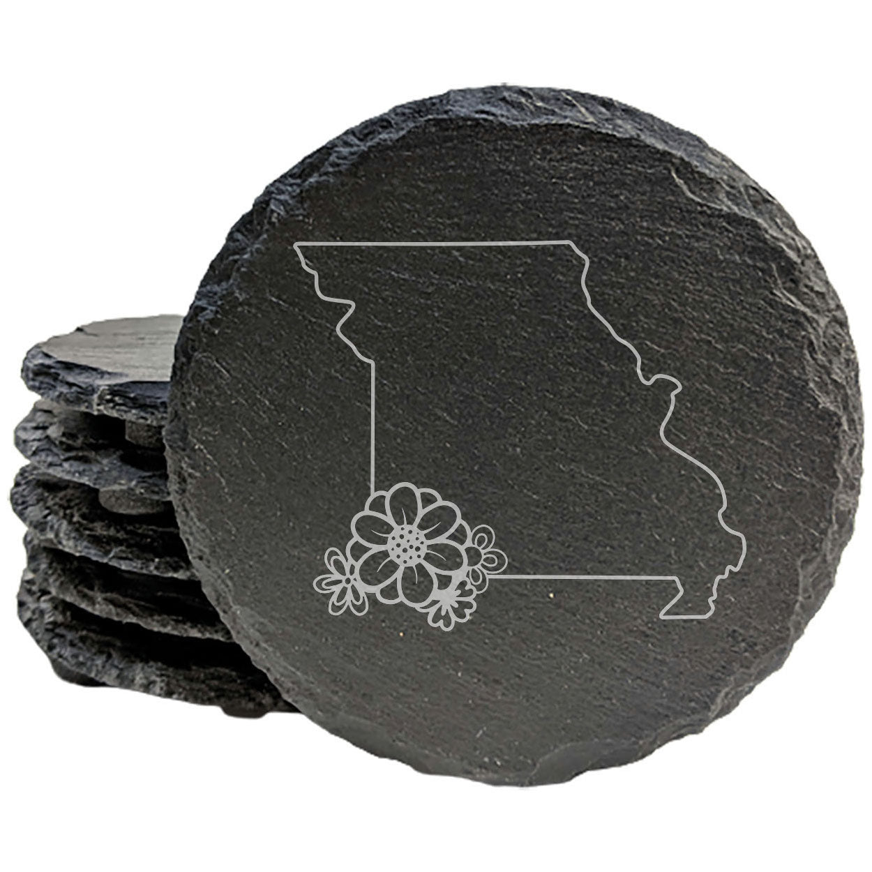 Rustic Slate Coasters Set of 4 - Missouri State Outline with Flower Design, 4" Round or Square, Natural Chipped Edge, Rubber Feet, , Perfect for She-Shed or Man Cave, Made in USA