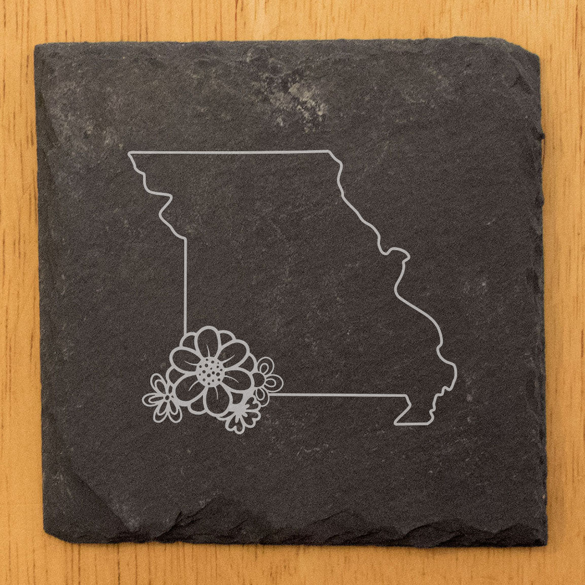 Rustic Slate Coasters Set of 4 - Missouri State Outline with Flower Design, 4" Round or Square, Natural Chipped Edge, Rubber Feet, , Perfect for She-Shed or Man Cave, Made in USA
