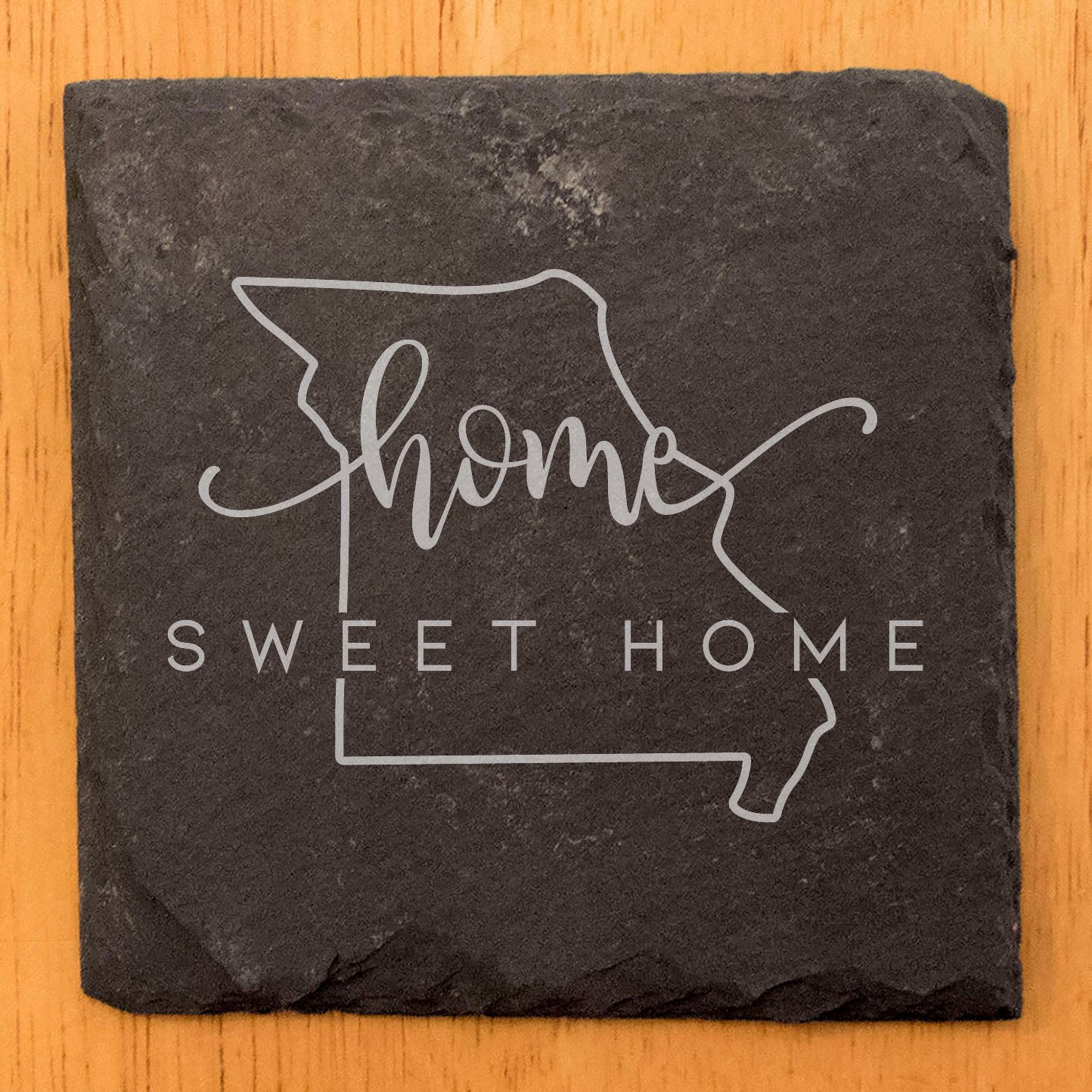 Rustic Slate Coasters Set of 4 - Laser Etched Missouri 'Home Sweet Home' Design - Perfect Gift for Holidays, Birthdays, Housewarming - 4" Round, Natural Chipped Edge, Made in Oregon, USA