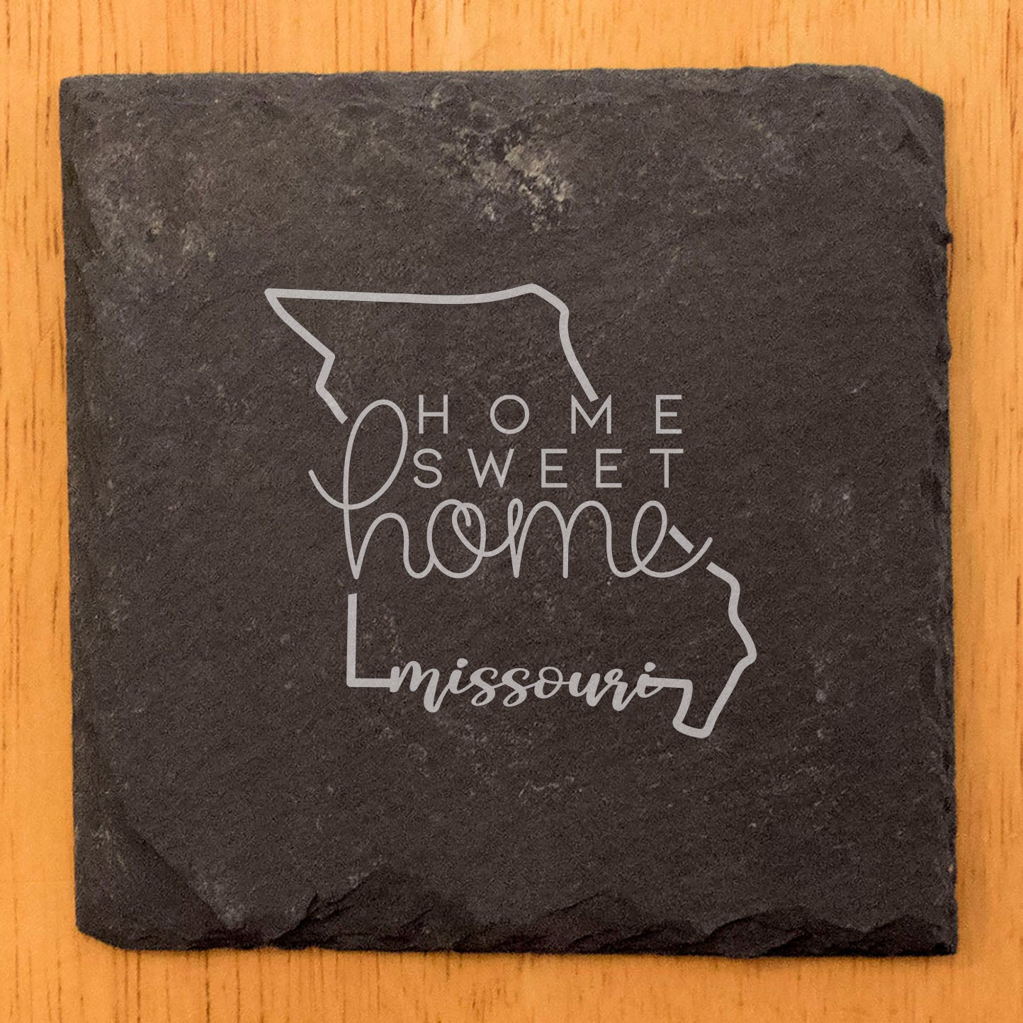 Rustic Slate Coasters Set of 4, Round 4" with Missouri 'Home Sweet Home' Design, Laser Etched, Perfect Gift for Holidays, Birthdays, Housewarming, Made in Oregon, USA, Natural Chipped Edge