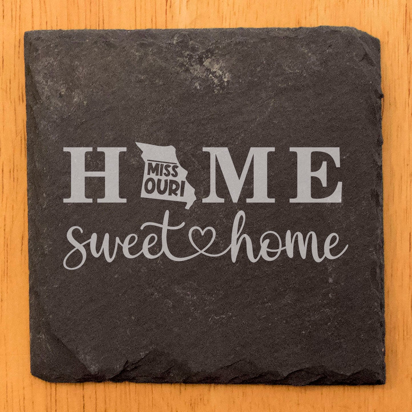 Rustic Slate Coasters Set of 4, 4" Round, Laser Etched 'HOME SWEET HOME' Missouri Design, Perfect Gift for Holidays, Birthdays, Housewarming, She-Shed, Man Cave, Made in Oregon, USA
