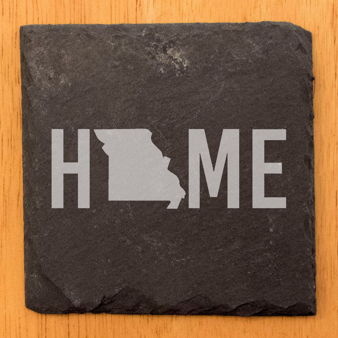 Rustic Slate Coasters Set of 4 - Laser Etched 'HOME' Design with Missouri State - Perfect Gift for Holidays, Birthdays, Housewarming - 4" Round, Natural Chipped Edge, Rubber Feet - Made in USA