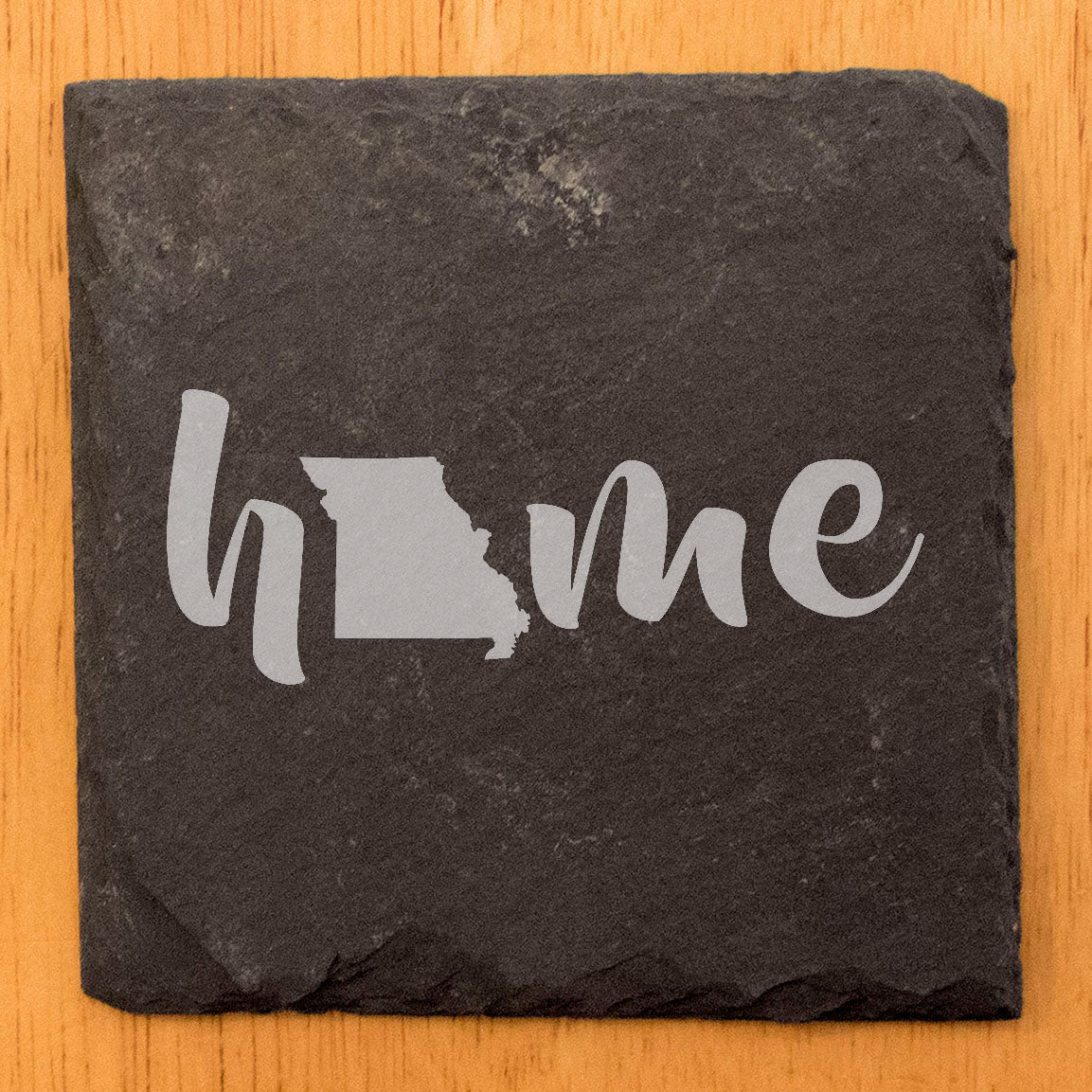Rustic Slate Coasters Set of 4 - Laser Etched 'Home' Design with Missouri State - Perfect Gift for Holidays, Birthdays, Housewarming - 4" Round/Square - Made in Oregon, USA - Natural Chipped Edge