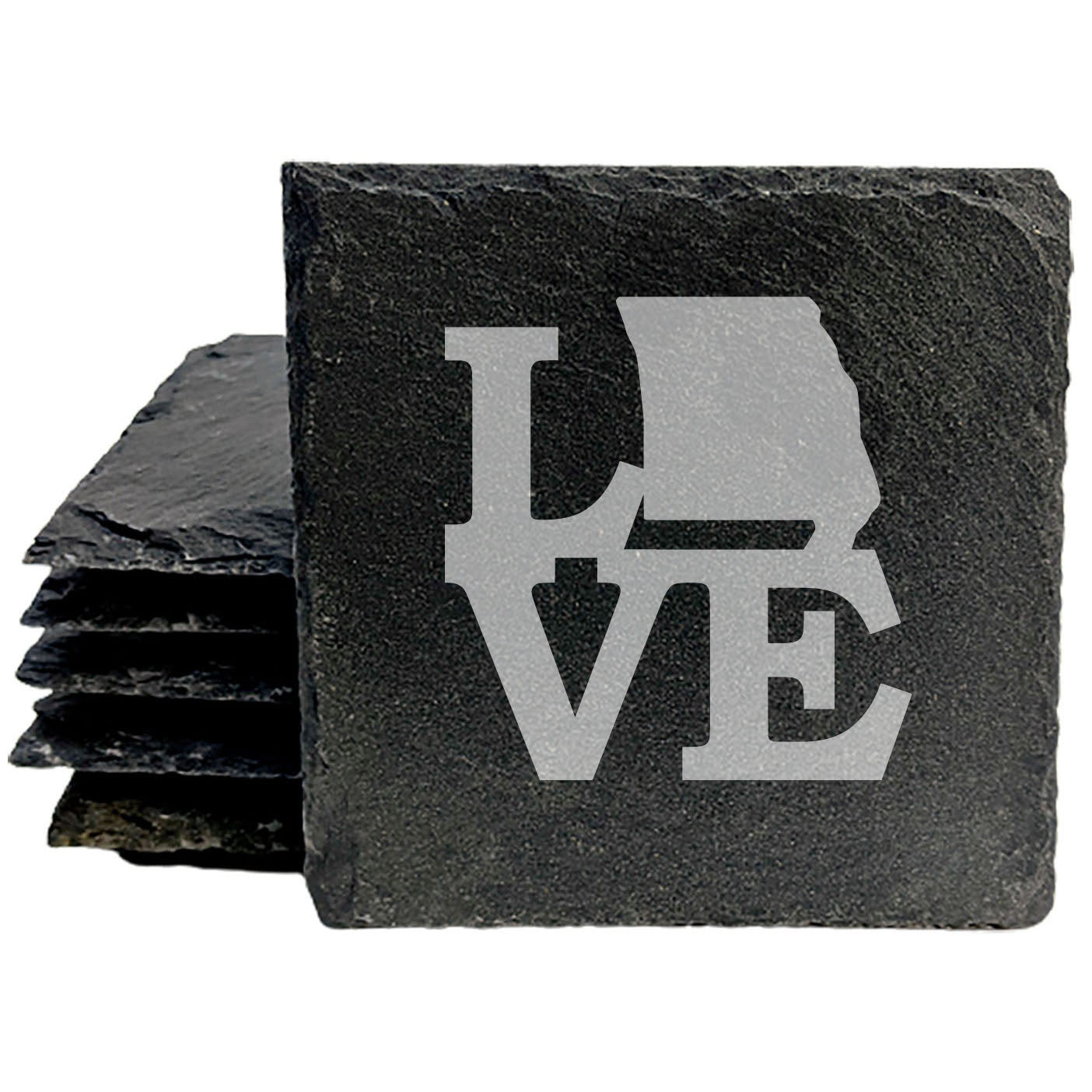 Rustic Slate Coasters Set of 4, Round 4" with 'LOVE' Missouri Design, Natural Chipped Edge, Rubber Feet, , Perfect for Holidays, Birthdays, Housewarming, Made in Oregon, USA