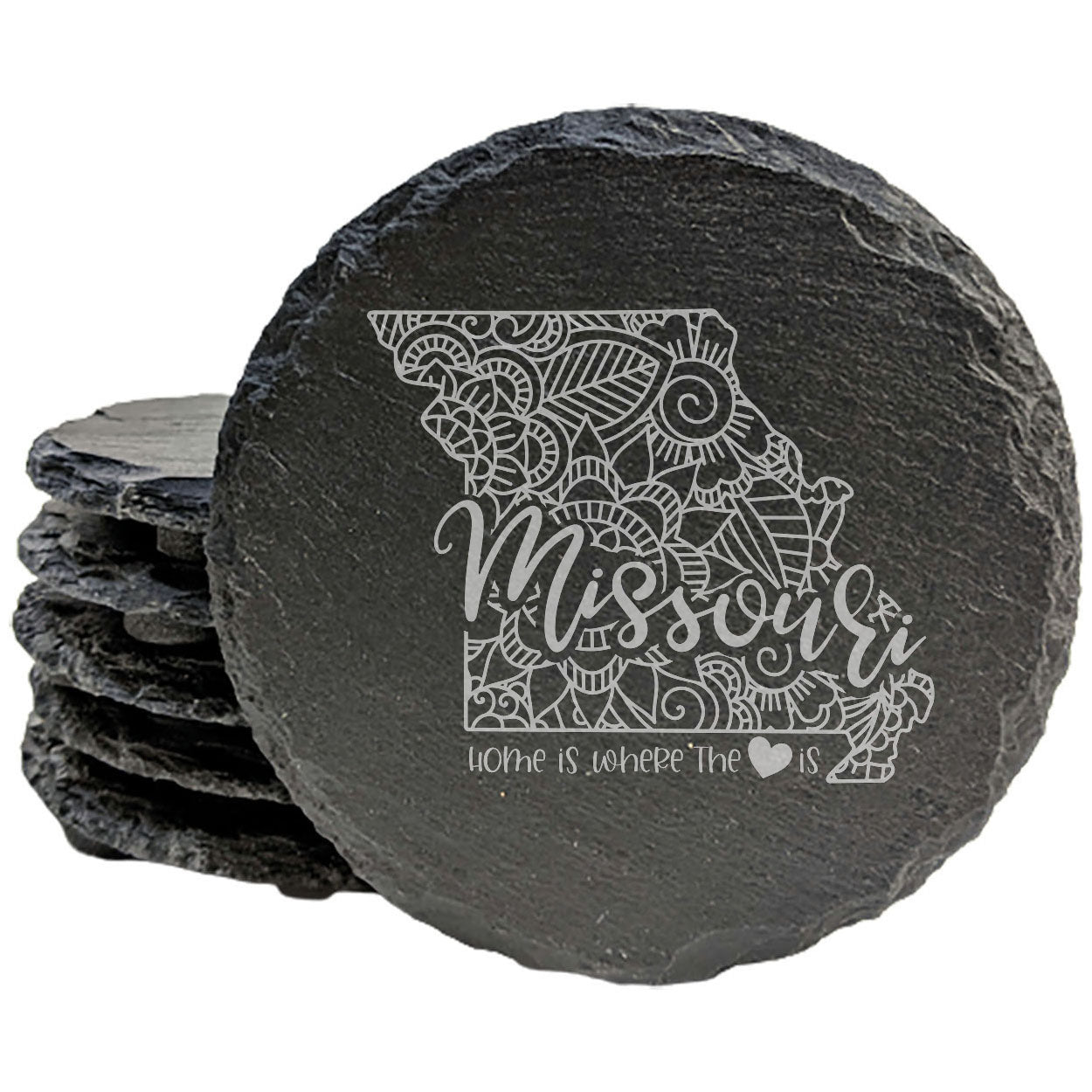 Rustic Slate Coasters Set of 4, Round 4" with Missouri Mandala Design, 'Home is Where the Heart Is' Quote, Perfect for Holidays, Birthdays, Housewarming, She-Shed, Man Cave, Made in Oregon, USA