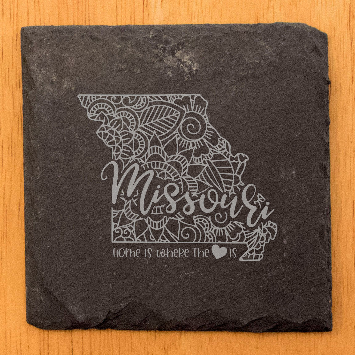 Rustic Slate Coasters Set of 4, Round 4" with Missouri Mandala Design, 'Home is Where the Heart Is' Quote, Perfect for Holidays, Birthdays, Housewarming, She-Shed, Man Cave, Made in Oregon, USA