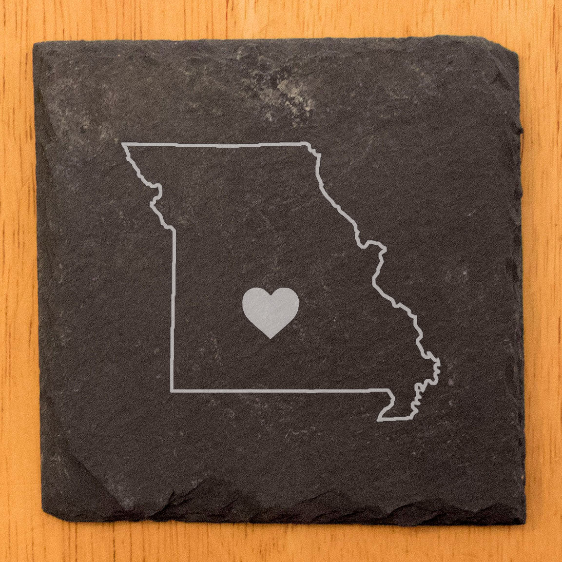 Rustic Slate Coasters Set of 4, Round 4" with Missouri Heart Design, Laser Etched, Perfect for Holidays, Birthdays, Housewarming, She-Shed, Man Cave, Made in Oregon, USA,