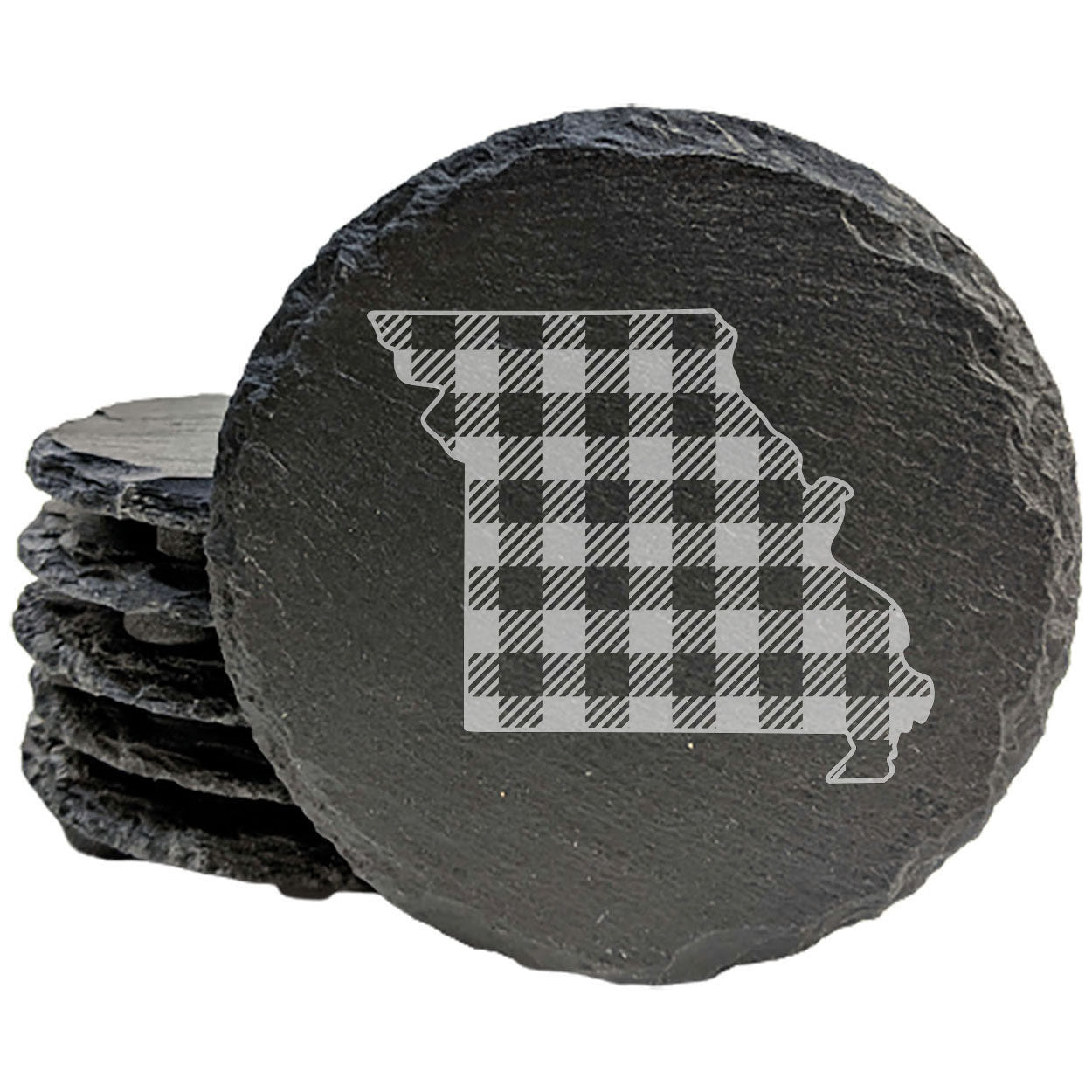 Rustic Slate Coasters Set of 4, Round 4" with Missouri Plaid Design, Perfect for Holidays, Birthdays, Housewarming Gifts, She-Shed or Man Cave, Made in Oregon, USA, Natural Chipped Edge, Rubber Feet