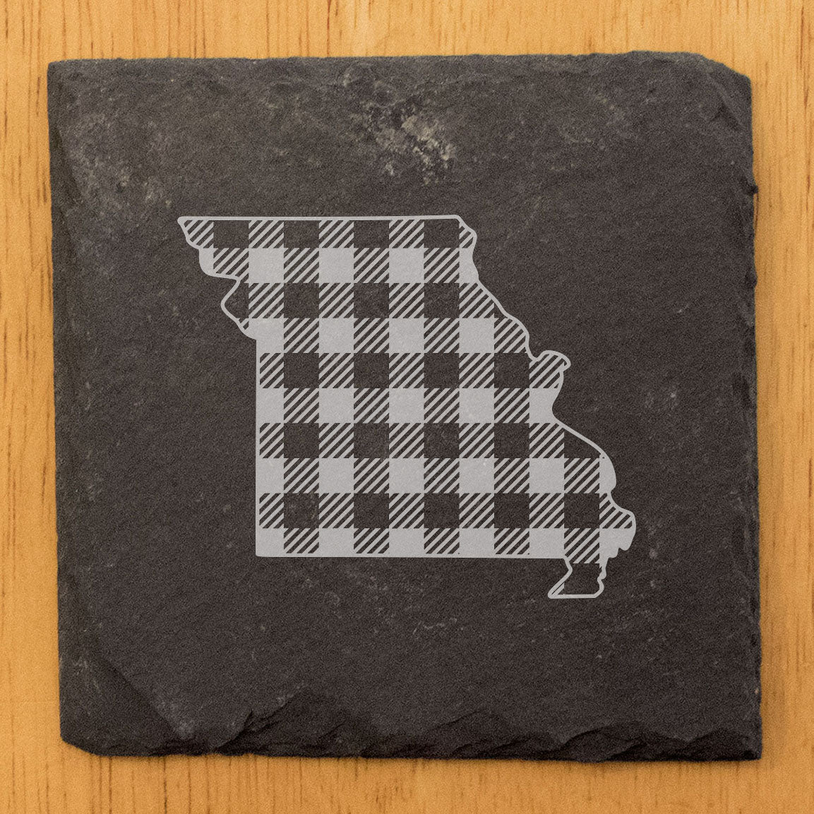 Rustic Slate Coasters Set of 4, Round 4" with Missouri Plaid Design, Perfect for Holidays, Birthdays, Housewarming Gifts, She-Shed or Man Cave, Made in Oregon, USA, Natural Chipped Edge, Rubber Feet
