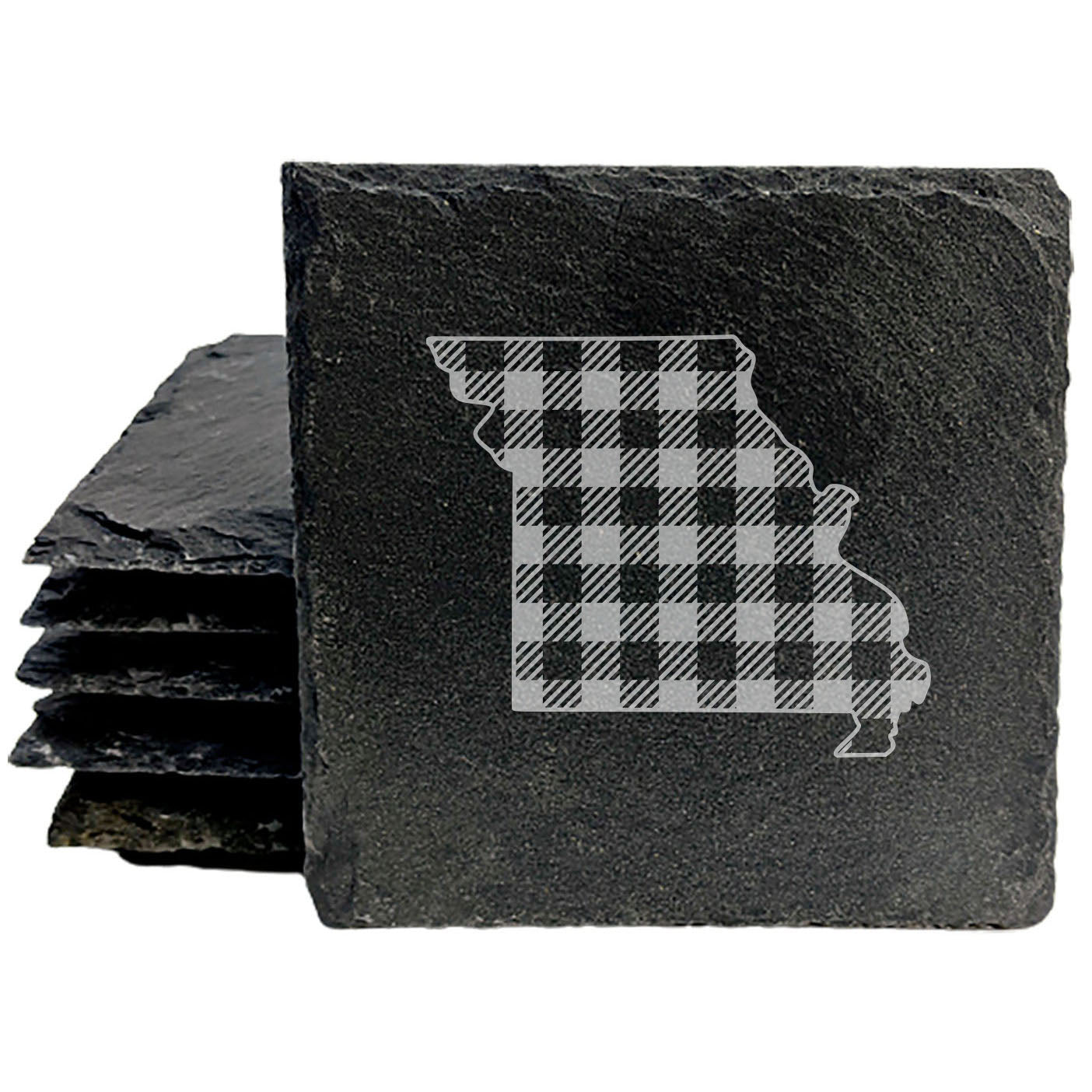 Rustic Slate Coasters Set of 4, Round 4" with Missouri Plaid Design, Perfect for Holidays, Birthdays, Housewarming Gifts, She-Shed or Man Cave, Made in Oregon, USA, Natural Chipped Edge, Rubber Feet