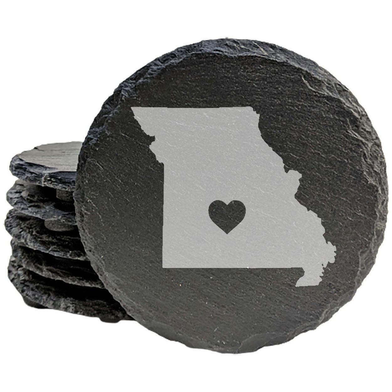 Rustic Slate Coasters Set of 4, Round 4" with Missouri Heart Design, Laser Etched, Perfect for Holidays, Birthdays, Housewarming, She-Shed, Man Cave, Made in Oregon, USA,