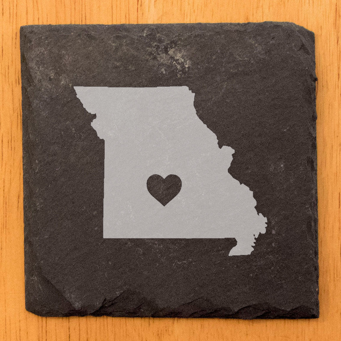 Rustic Slate Coasters Set of 4, Round 4" with Missouri Heart Design, Laser Etched, Perfect for Holidays, Birthdays, Housewarming, She-Shed, Man Cave, Made in Oregon, USA,