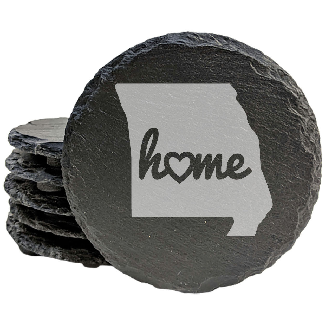 Rustic Slate Coasters Set of 4, Missouri 'Home' Design, 4" Round, Laser Etched, Natural Chipped Edge, Rubber Feet, , Perfect for Holidays, Birthdays, Housewarming, Made in USA
