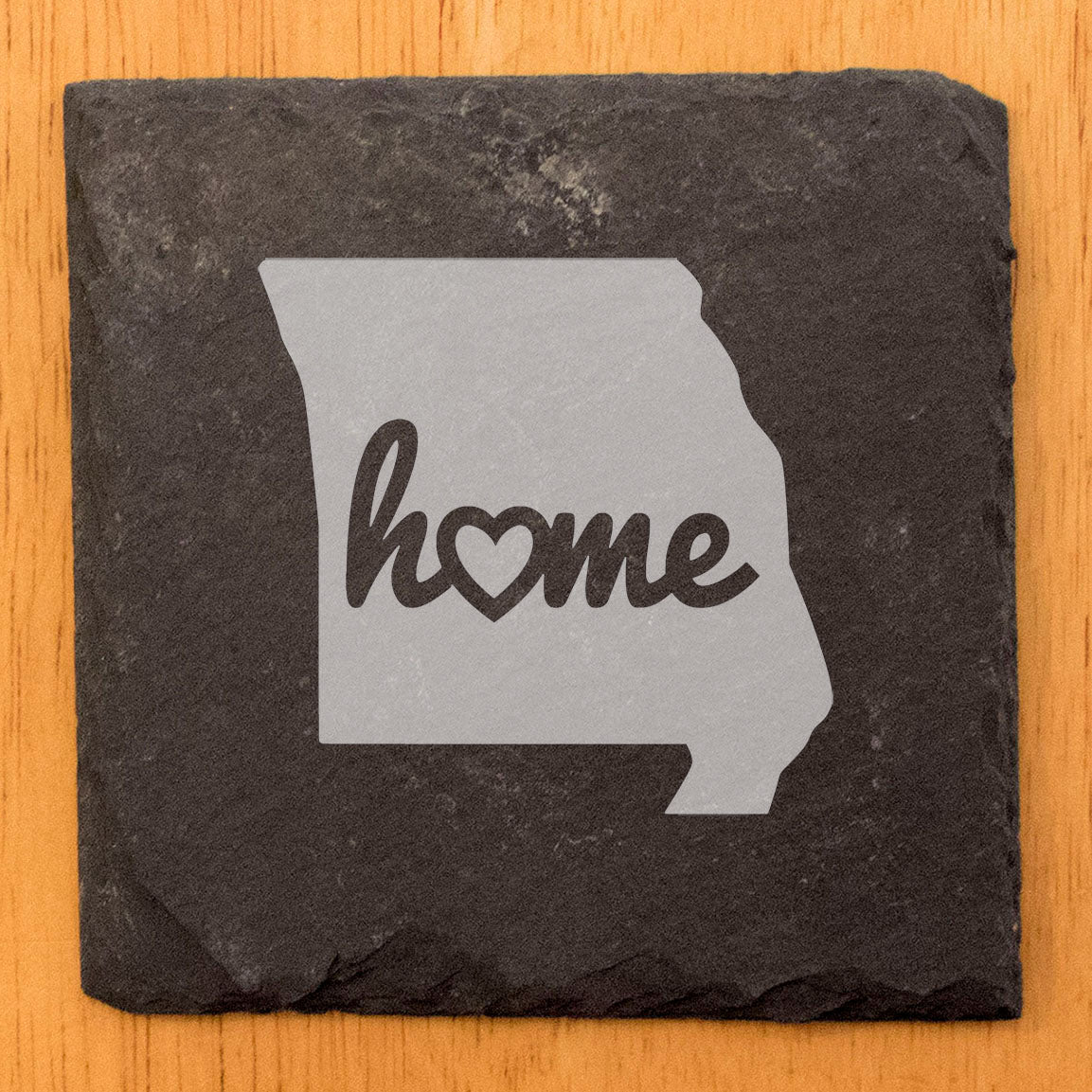 Rustic Slate Coasters Set of 4, Missouri 'Home' Design, 4" Round, Laser Etched, Natural Chipped Edge, Rubber Feet, , Perfect for Holidays, Birthdays, Housewarming, Made in USA
