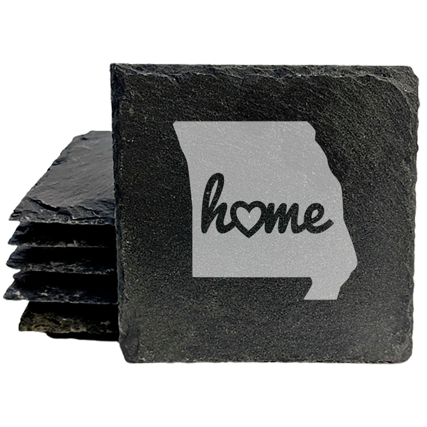 Rustic Slate Coasters Set of 4, Missouri 'Home' Design, 4" Round, Laser Etched, Natural Chipped Edge, Rubber Feet, , Perfect for Holidays, Birthdays, Housewarming, Made in USA