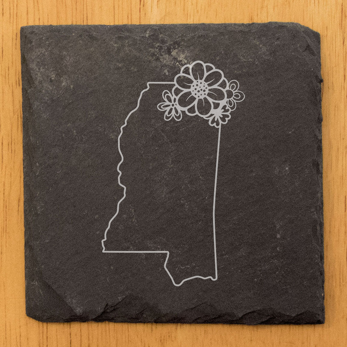 Rustic Slate Coasters Set of 4 - Mississippi State Outline Design with Flower - Perfect Gift for Holidays, Birthdays, Housewarming - 4" Round or Square - Made in Oregon, USA - Natural Chipped Edge