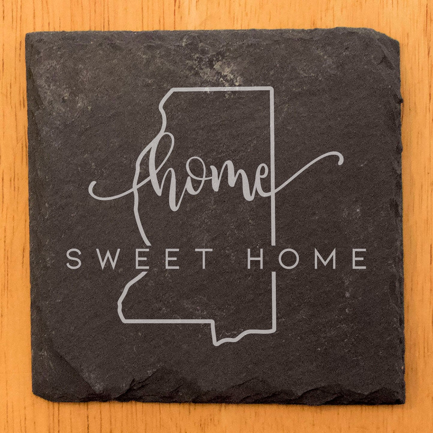 Rustic Slate Coasters Set of 4 - 4" Round with 'Home Sweet Home' Mississippi Design, Laser Etched, Natural Chipped Edge, Rubber Feet, , Made in Oregon, USA - Perfect for Any Occasion