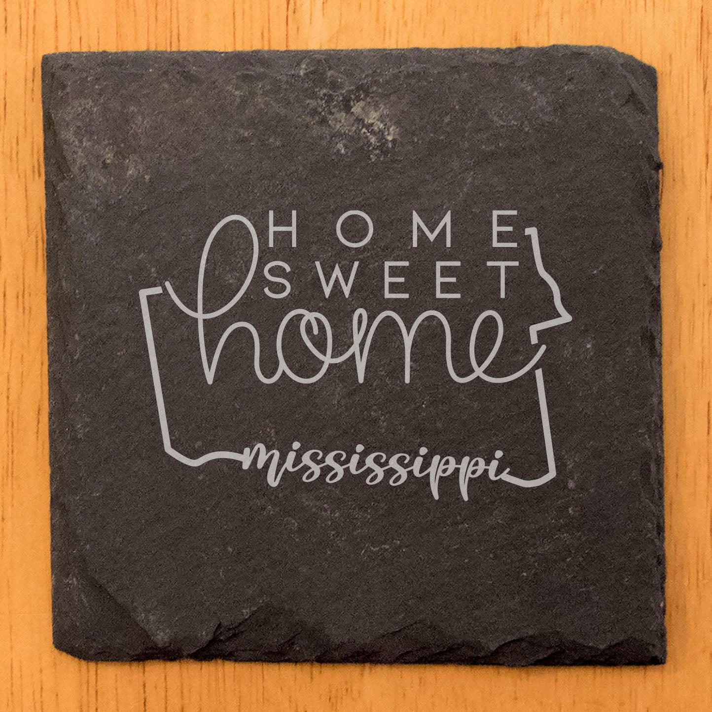 Rustic Slate Coasters Set of 4 - Laser Etched Mississippi Design, 'Home Sweet Home' - Perfect Gift for Holidays, Birthdays, Housewarming - 4" Round, Natural Chipped Edge, Made in Oregon, USA