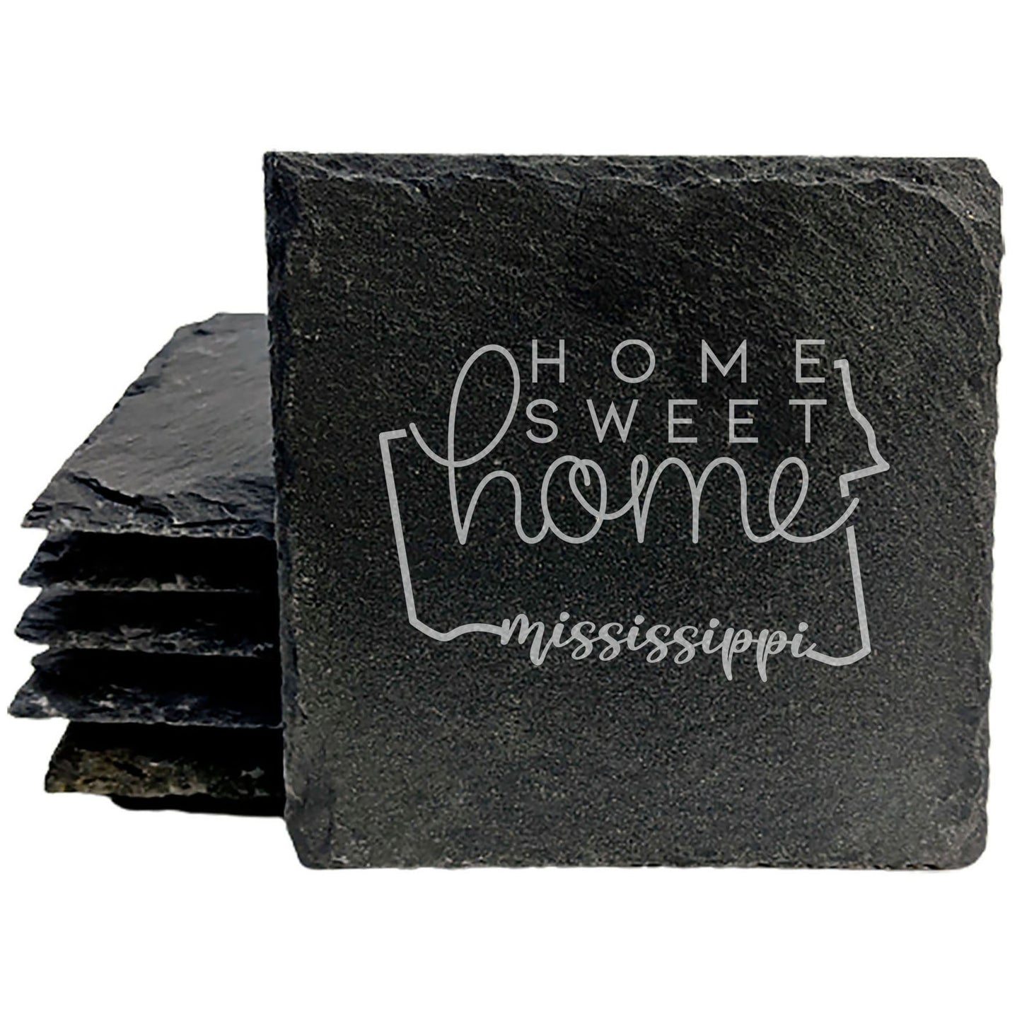 Rustic Slate Coasters Set of 4 - Laser Etched Mississippi Design, 'Home Sweet Home' - Perfect Gift for Holidays, Birthdays, Housewarming - 4" Round, Natural Chipped Edge, Made in Oregon, USA