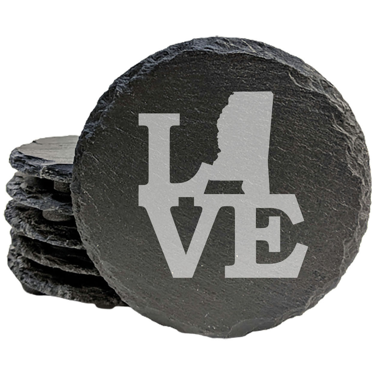 Rustic Slate Coasters Set of 4 - Laser Etched 'LOVE' Design with Mississippi State Shape - Perfect Gift for Holidays, Birthdays, Housewarming - 4" Round, Natural Chipped Edge, Made in USA