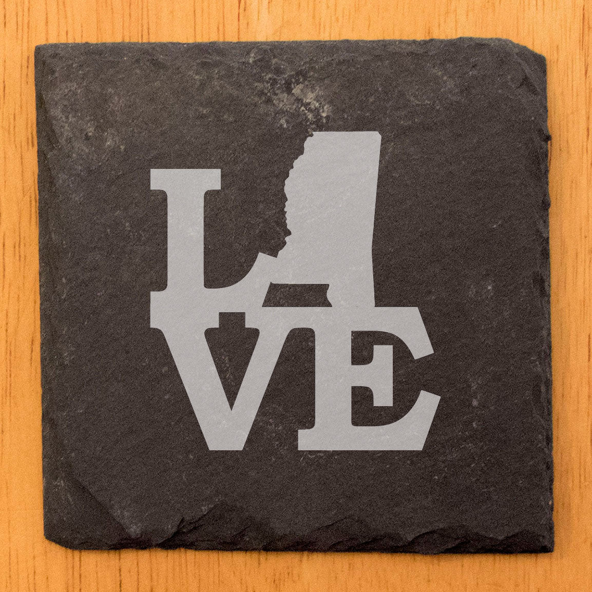 Rustic Slate Coasters Set of 4 - Laser Etched 'LOVE' Design with Mississippi State Shape - Perfect Gift for Holidays, Birthdays, Housewarming - 4" Round, Natural Chipped Edge, Made in USA